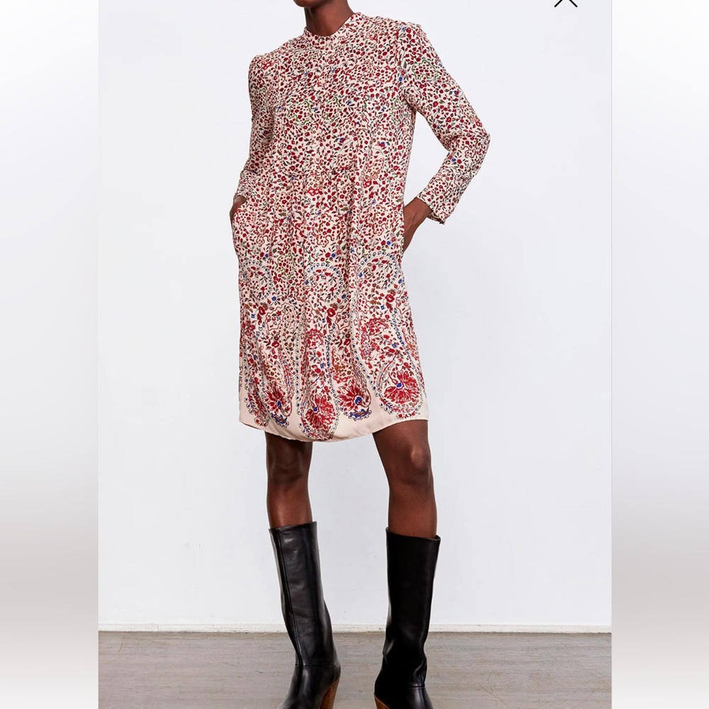 Gerard Darel Red  Cream French Floral Paisley Long Sleeve Mini Shift Dress XL 12